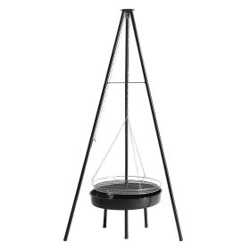 Campfire Tripod Grill, Adjustable Height BBQ Grill Grate with Fire Bowl for Outdoor Camping BBQ, Black